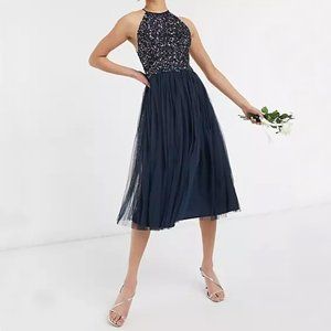 Maya Bridesmaid Midi Dress - Halter Neck - Sequin - Tulle - Navy - Sz 6